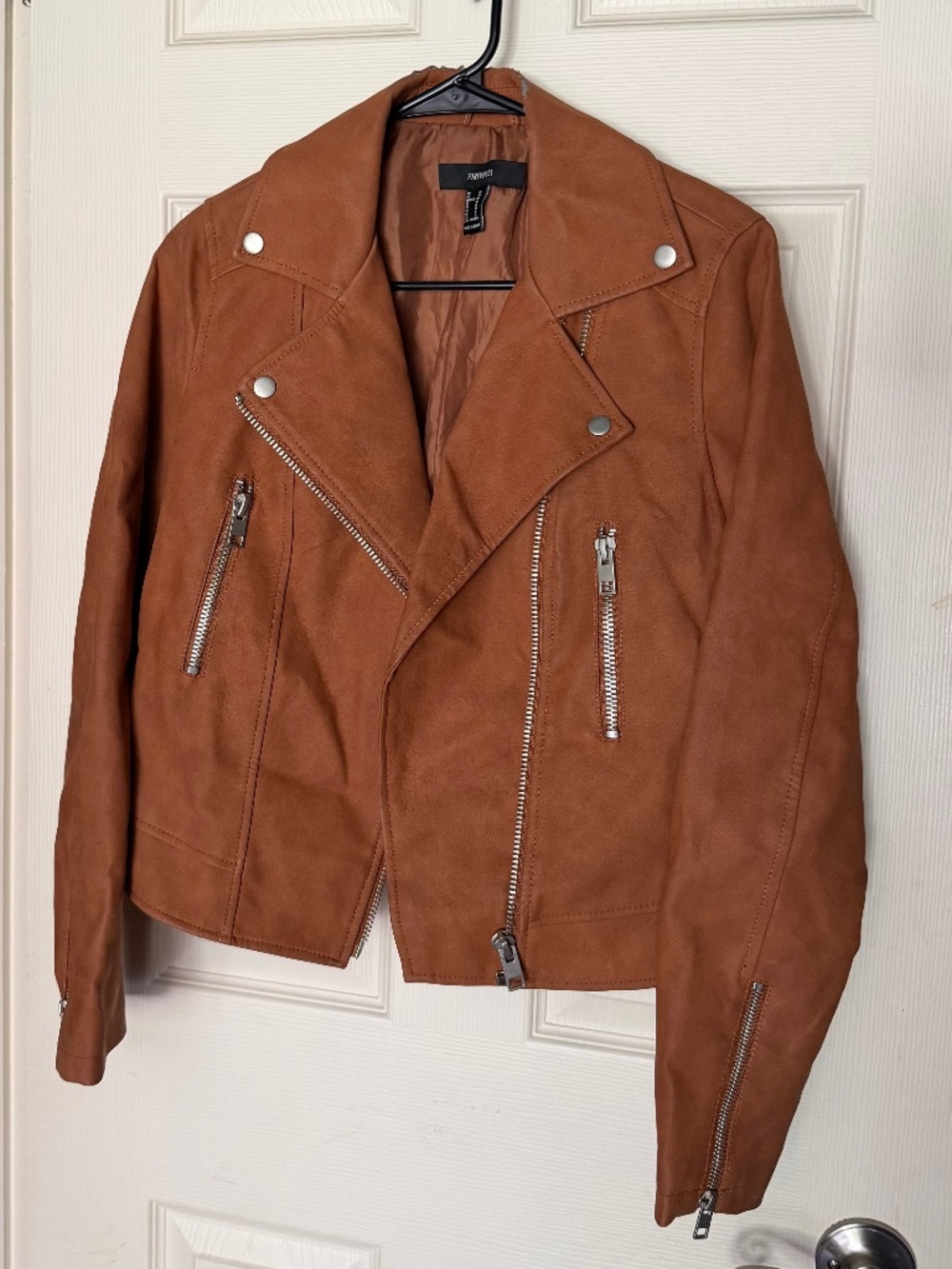 Women’s Forever 21 Brown Faux Leather Moto Biker Jacket Asymmetrical Zip M